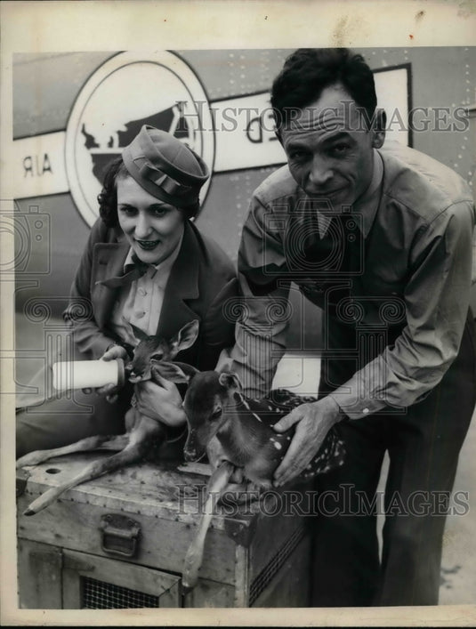 1936 Press Photo Madelyn Tuirici & CA Thompson with small deer - nea65150 - Historic Images