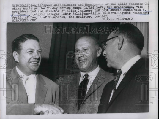 1959 Press Photo Allis Chalmers P Ohrman, UAW's P Greathouse, N Feinsinger - Historic Images