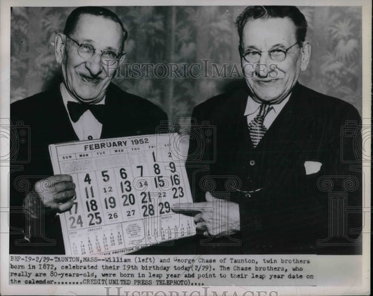 1952 Press Photo William & George Chase, turn 19 on Leap day , really age 80 - Historic Images