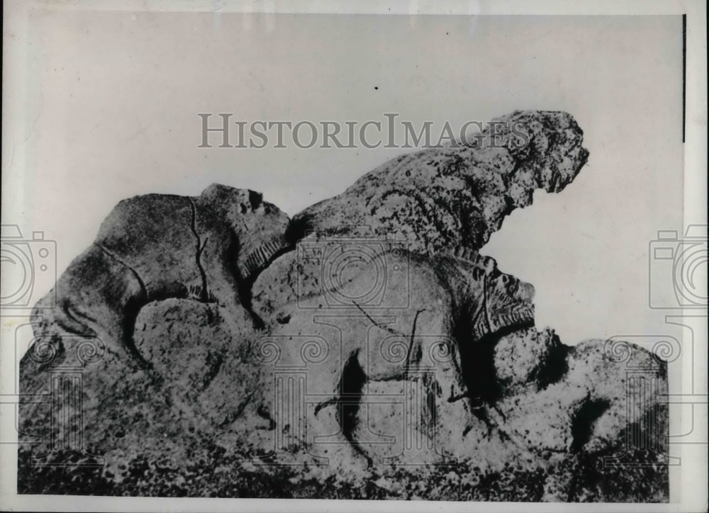1939 2 Clay Bison Against a Rock  - Historic Images