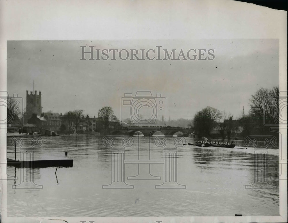 1927 Oxford crew on the flooded Thames river at Henley  - Historic Images