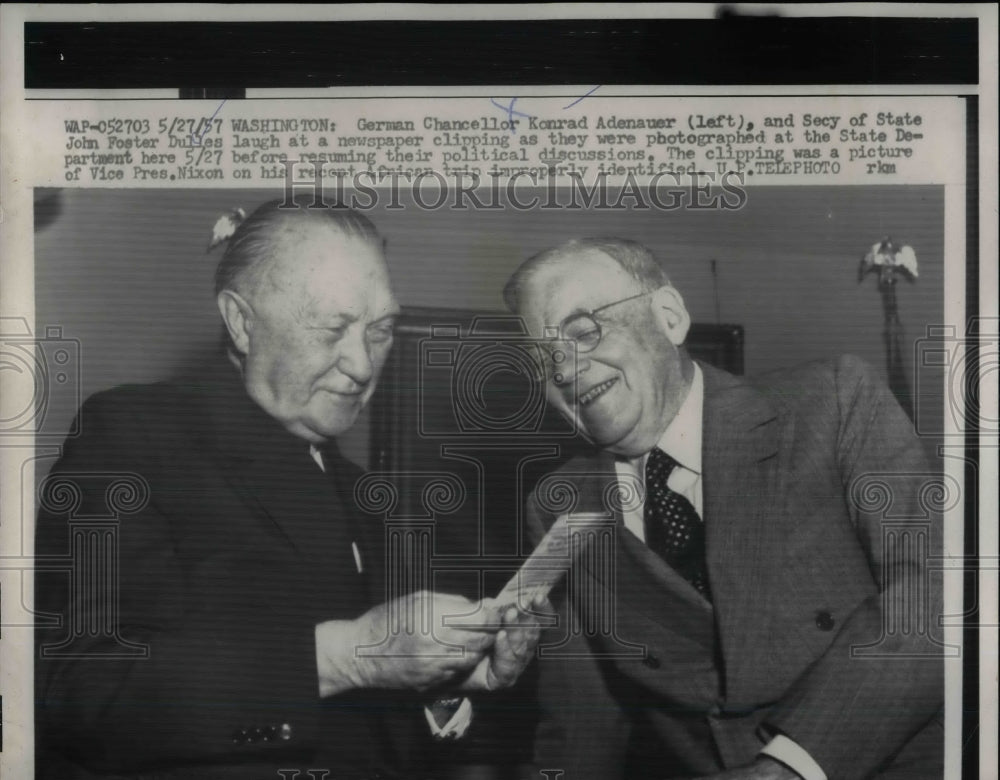 1957 Press Photo German Chancellor Konrad Adenauer &amp; Sec. of State John Foster - Historic Images