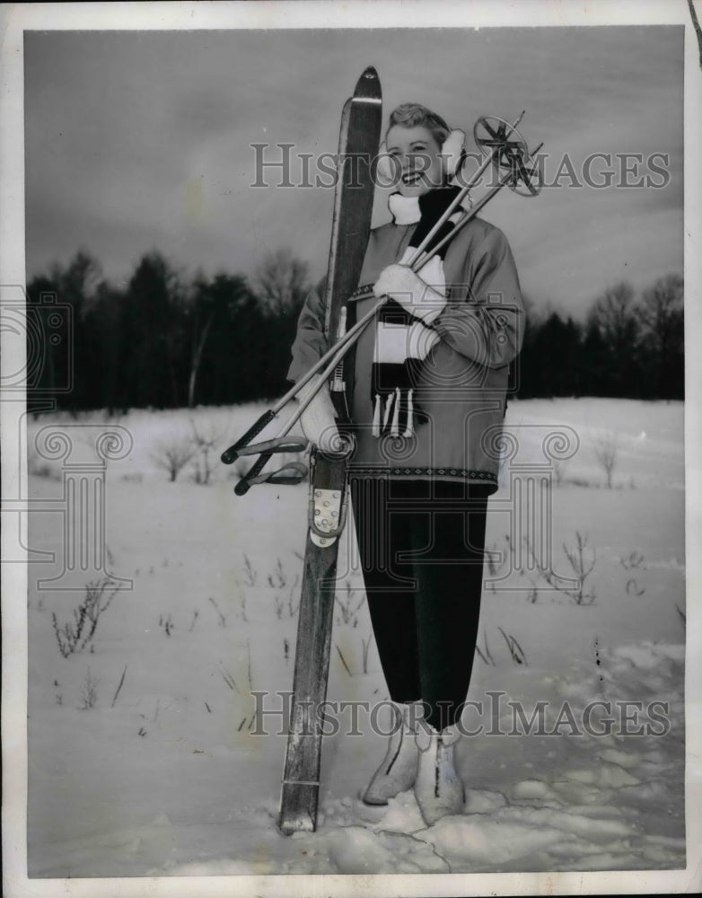1954 U Mass Snow Queen Carol Handy Standing In Snow With Skis - Historic Images