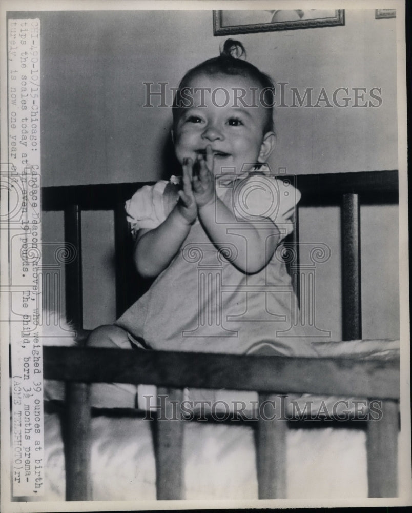 1947 Press Photo Candace Deacon born 3 month pre-mature at 39 ounces now 19 lb - Historic Images