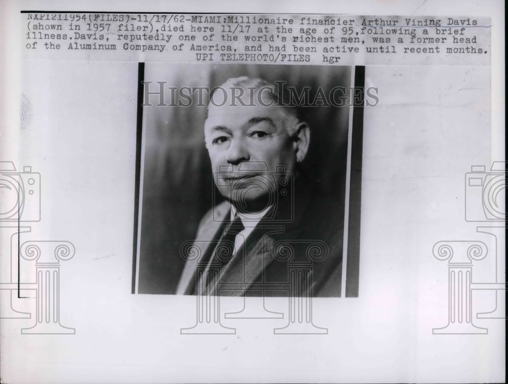 1962 Press Photo of 1957 Photo, Millionaire Arthur Vining Davis, Death in Miami - Historic Images