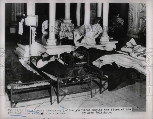 1950 Pittsburgh Emergency Police bunk in Art Institute among statues - Historic Images