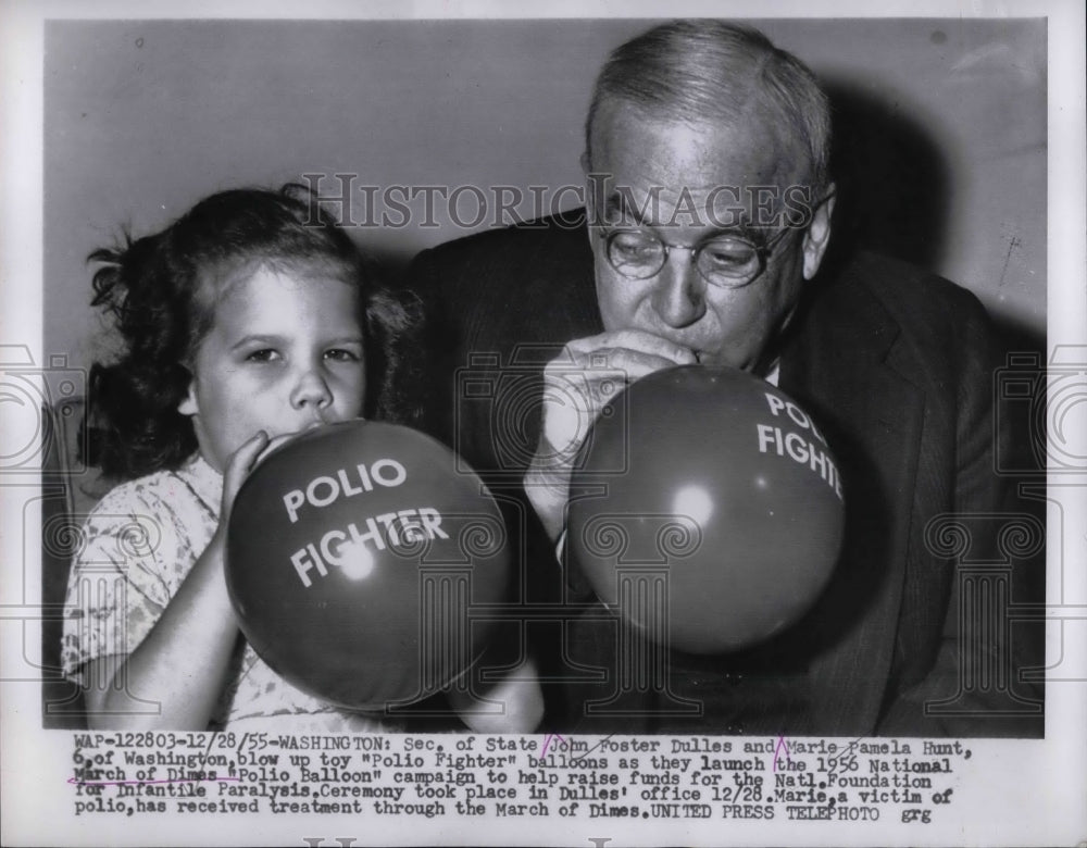 1955 Press Photo Sec. of State John F. Dulles. Marie Pamela Hunt, Polio Fighter - Historic Images