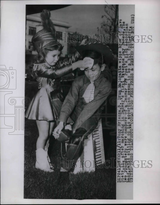 1964 Tony Brienza, Drum Majorette Wipes Brow of Dave Dietz, Parade - Historic Images