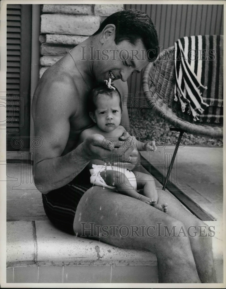 1960 Dad With Baby Kyle at Swimming Pool  - Historic Images