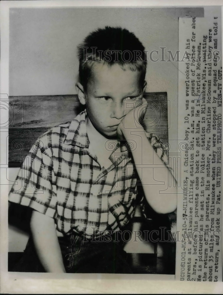 1957 Press Photo Patrick McGowan, 10, was left at filling station by his parents - Historic Images