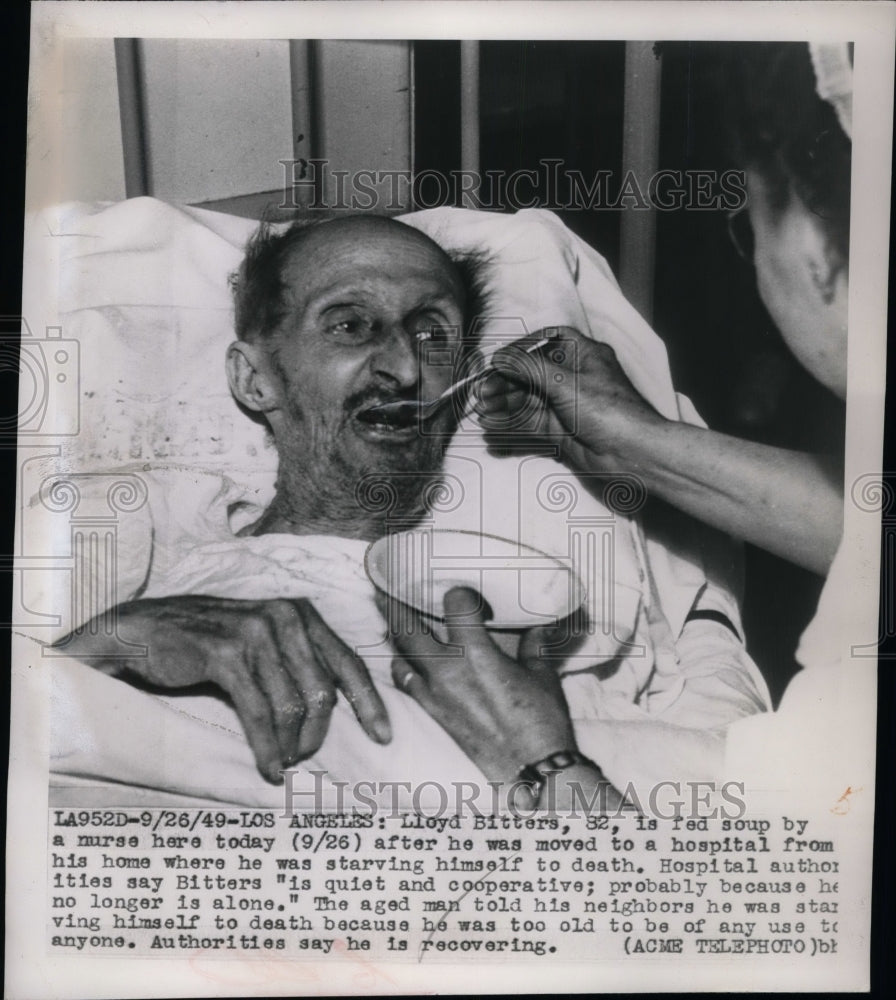1949 Press Photo Lloyd Bitters, age 82 in LA, Calif. hospital after starving - Historic Images