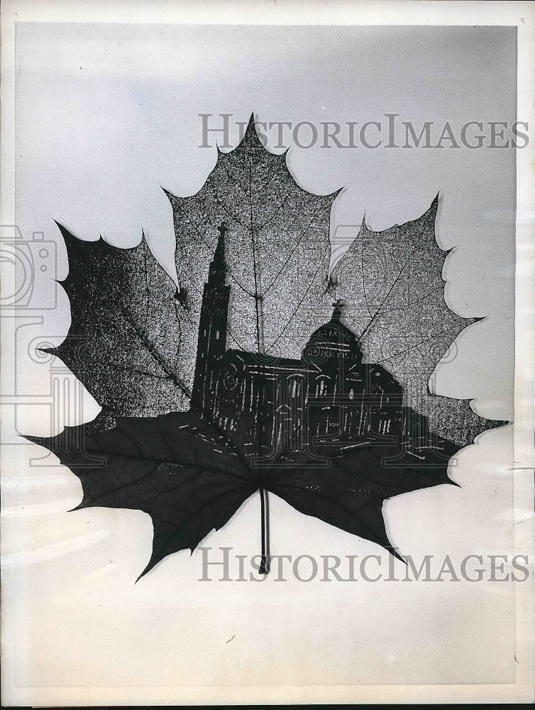 1959 Press Photo Maple leaf art canvas by Adrian Lewis on exhibit in NYC - Historic Images