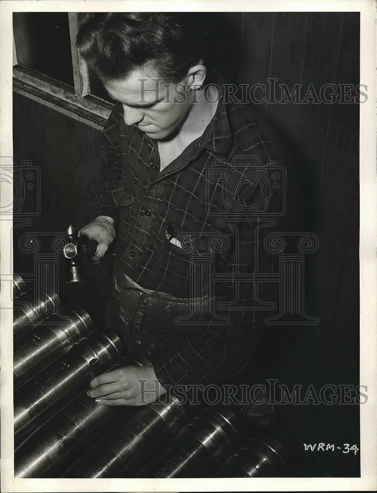 1940 Canadian Munitions Factory Worker Using a Steel Chisel - Historic Images