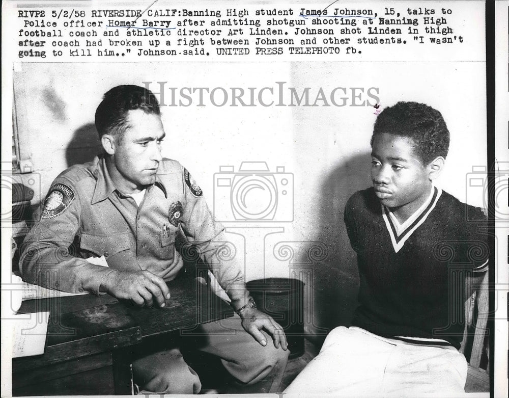 1958 Press Photo Riverside, Cal. HS student James Johnson &amp; cop Homer Barry - Historic Images