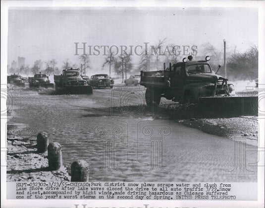 1955 Chicago, Ill Snow plows scape slush & water off Lake Shore Dr. - Historic Images