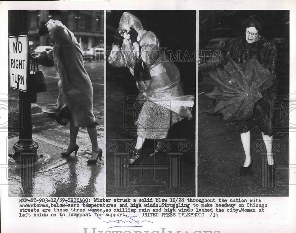 1954 Press Photo Chicago, Ill. citizens deal with wind &amp; snow storm - nea68213 - Historic Images