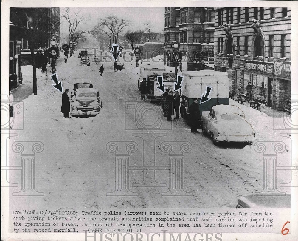 1951 Traffic Police Giving Tickets to Cars Parked on Snowy Streets - Historic Images