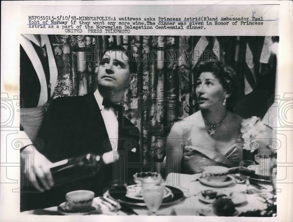 1958 Press Photo Princess Astrid and Ambassador Paul Koht Eating Dinner-Historic Images