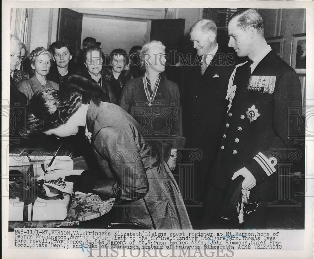 1951 Press Photo Princess Elizabeth Signing Guest Register at Mt. Vernon - Historic Images