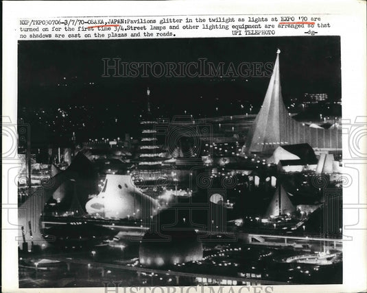 1970 Pavilions glitter in the twilight as Light EXPO'70 in Japans. - Historic Images