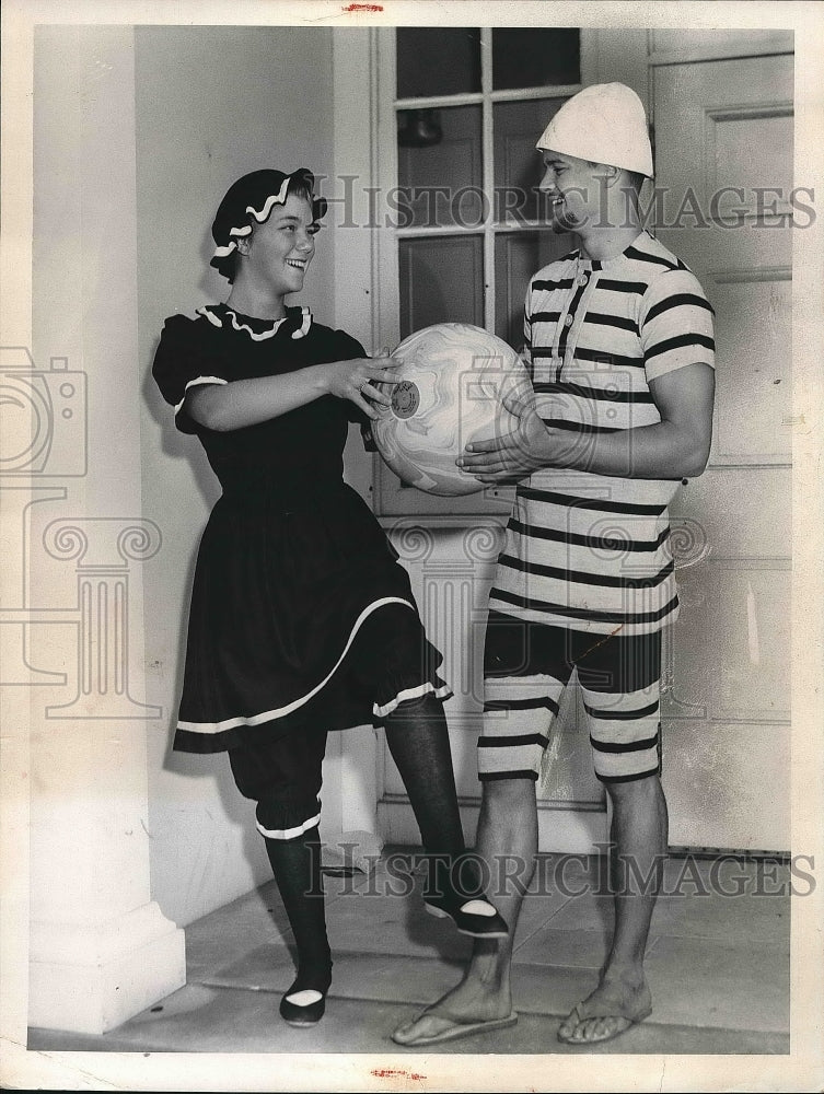 1958 Press Photo Carol Seabold and Jack Maclock in antique swimwear - nea69036 - Historic Images
