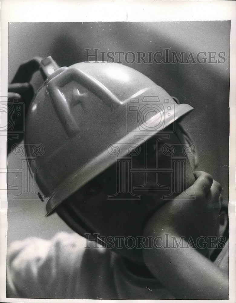 1956 Press Photo A young boy wearing a coal miners helmet - nea69127-Historic Images
