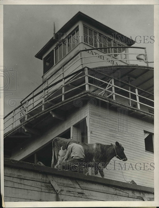 1934 Press Photo Boat on the Oregon Farm of Ralph Bainter after flood receeded - Historic Images