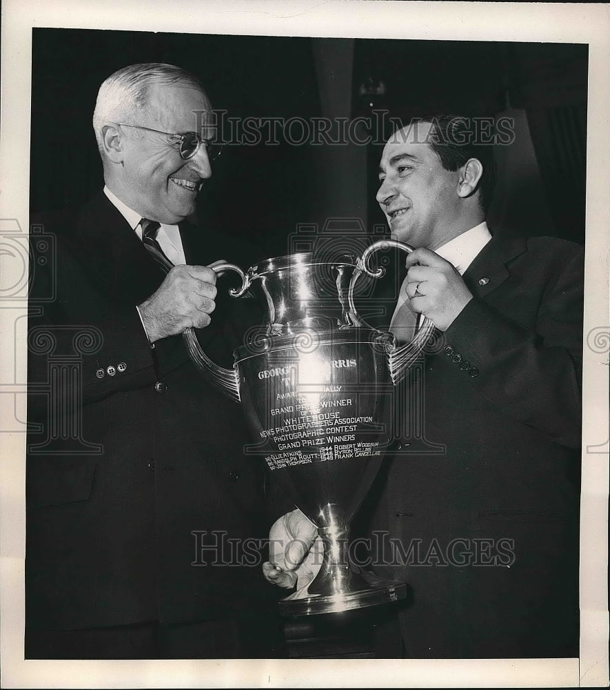 1949 Press Photo President Truman &amp; Robert Woodsum Holding Trophy - nea69247 - Historic Images