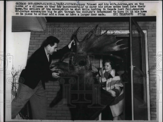 1963 Jerry Tricomi & Wife Lorine Try Moving Moose Head Into New Home - Historic Images