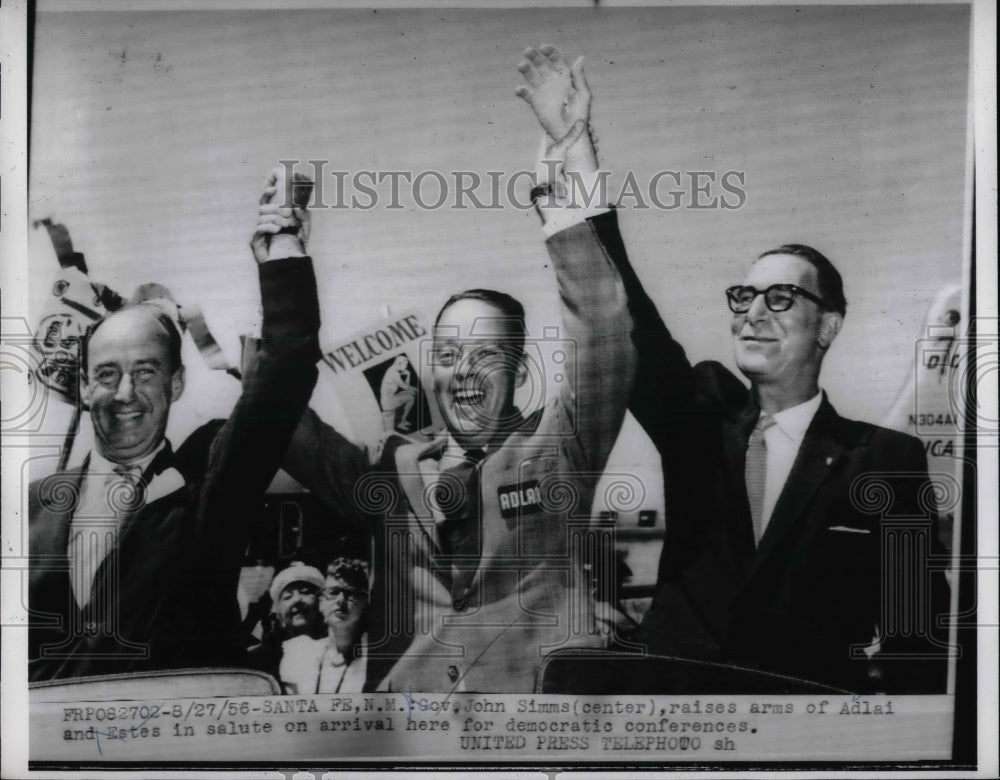 1956 Press Photo Gov. John Simms Raises Arms Of Adlai Stevenson &amp; Estes Kefauver - Historic Images