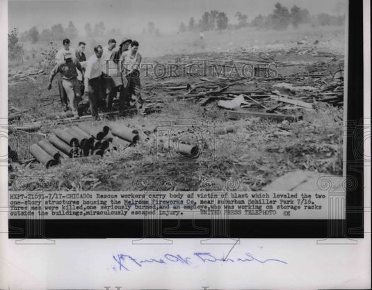 1954 Rescue Workers Carry Body of Victim of Blast Melrose Fireworks - Historic Images
