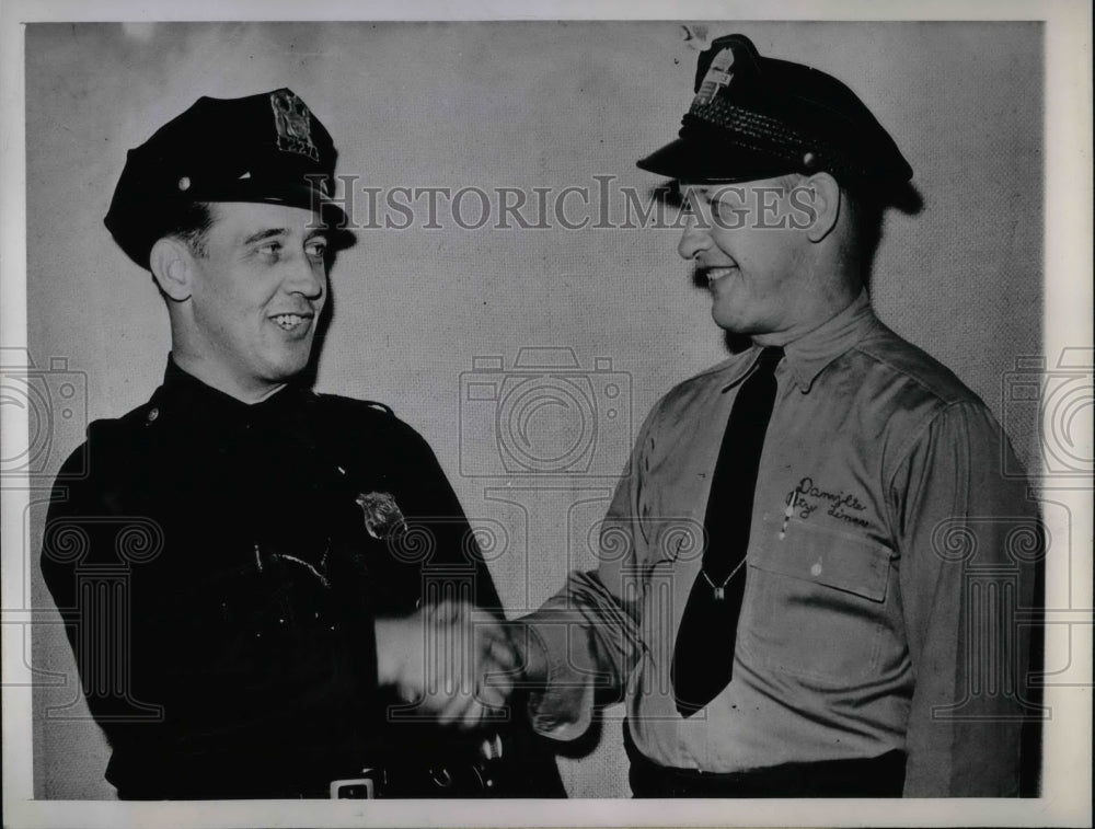 1944 Policeman Fred Kern &amp; City Bus Driver Cecil Kern greets each - Historic Images