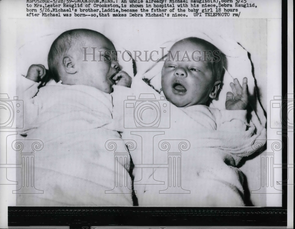 1959 Michael Hauglid born at the same time with his niece Debra. - Historic Images