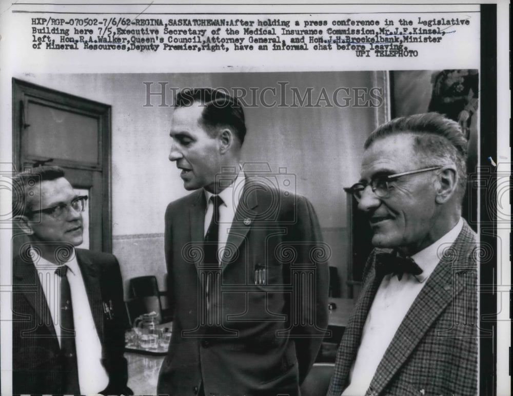 1962 Mr.J.F. Kinzel, Hon. R.A. Walker at Legislative Building,Regina - Historic Images