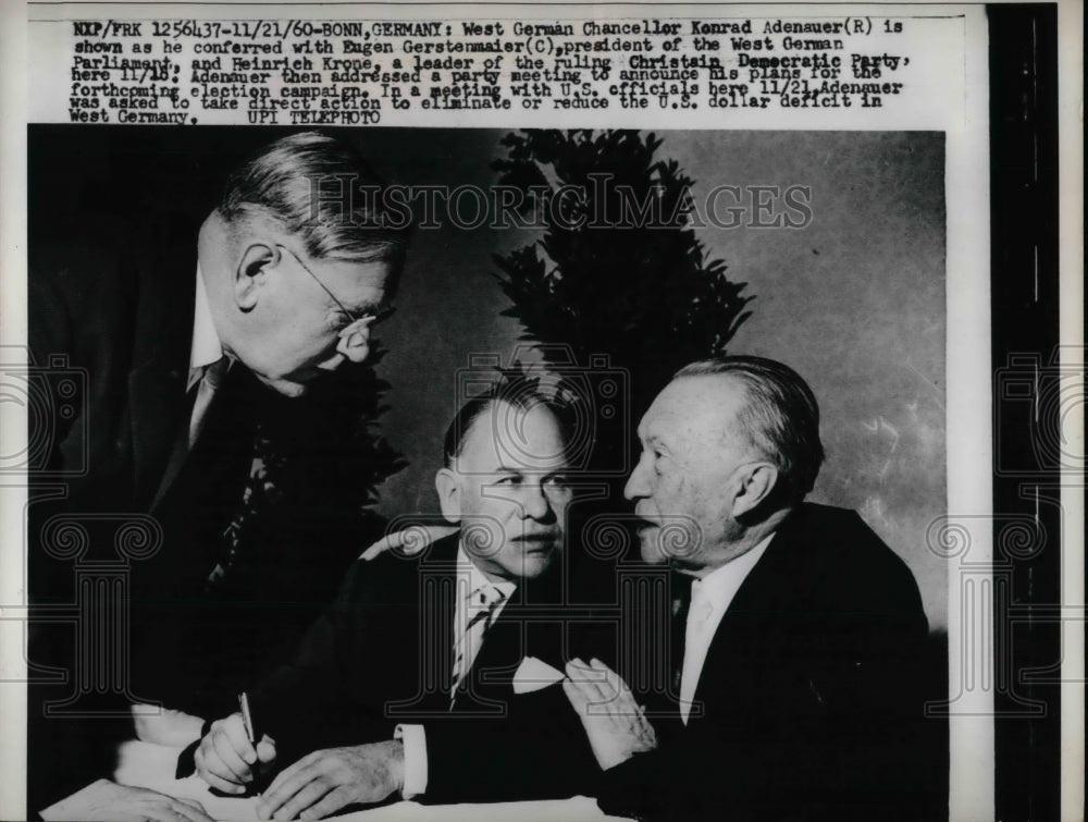 1960 W German Chancellor K Adenauer, E Gerstenmaier &amp; H Krone - Historic Images