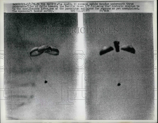 1971 Press Photo The Apollo 15 command module falls to the Pacific Ocean - Historic Images