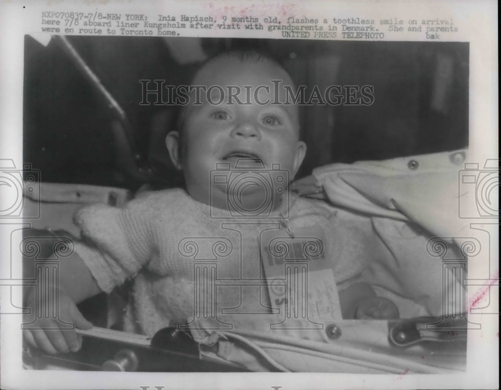1957 Press Photo Inia Hapiach, 9 months old returns from Denmark visit - Historic Images