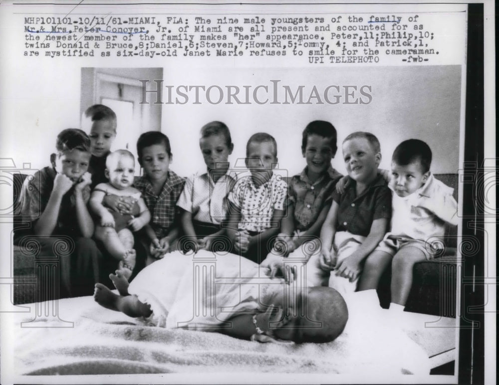 1961 9 boy children of Mr & Mrs Peter Conoyer & new baby girl - Historic Images