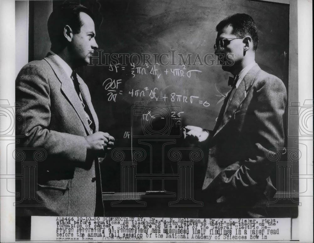 1950 Press Photo Dr. J. H. Hellomon &amp; Dr. J. C. Fisher on their new theory on - Historic Images