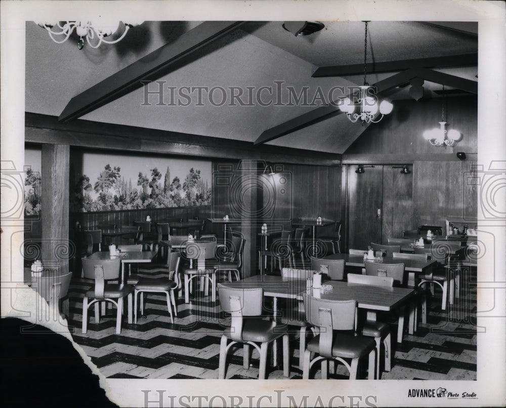 1960 Empty cafeteria with art on the wall  - Historic Images