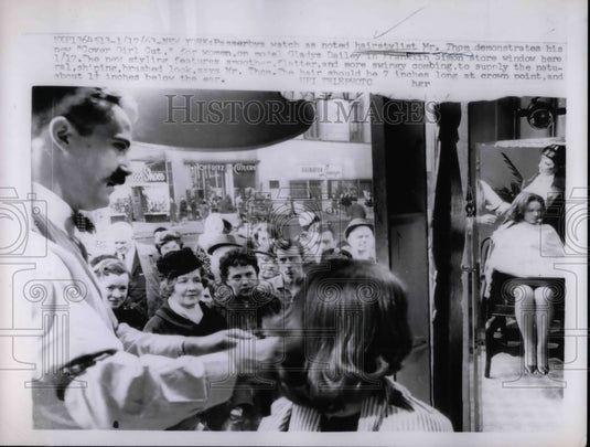 1963 Hairstylist Mr Thom & Cover Girl cut for Gladys Dailey in NYC - Historic Images