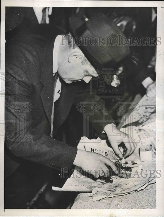 1937 Detective William Baker Examining Explosion Fragments - Historic Images