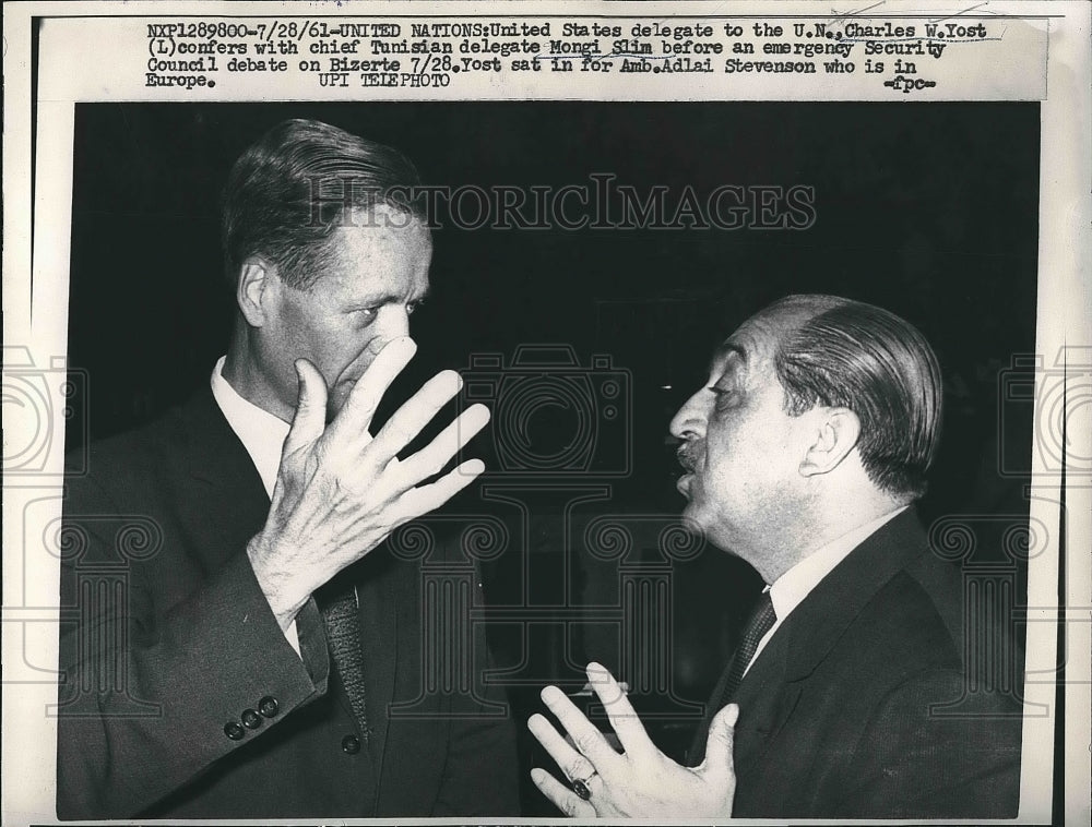 1961 Press Photo U.S. Delegate Charles W. Yost, Tunisian Delegate Mongi Slim - Historic Images
