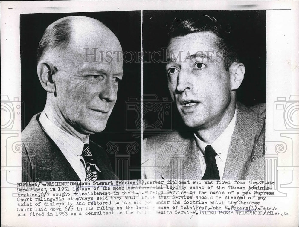 1955 Press Photo John Stewart Service, Diplomat, Professor John R. Peters-Historic Images