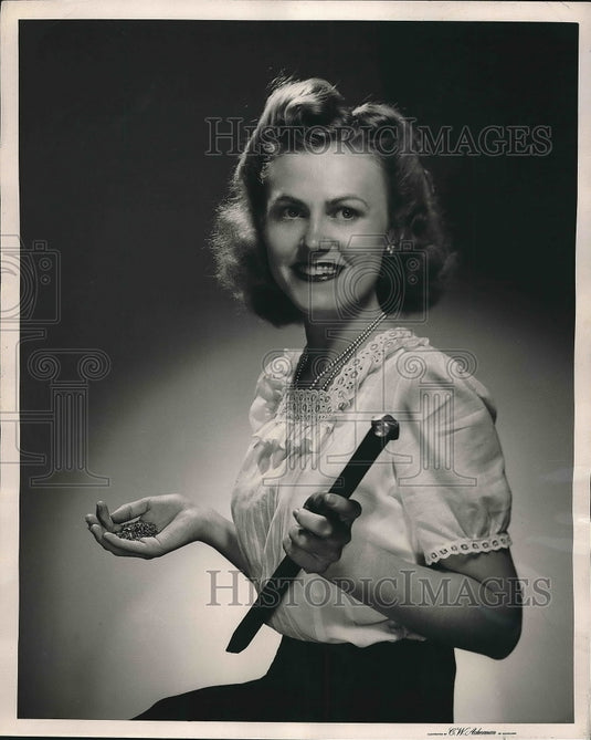 1947 Press Photo Jean Humboldt, American Steel and Wire, Escutcheon Pin, Spike - Historic Images
