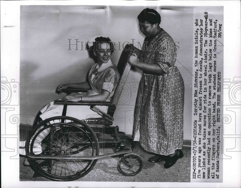 1956 Press Photo Dorothy Mae Stevens being pushed in a wheelchair - Historic Images