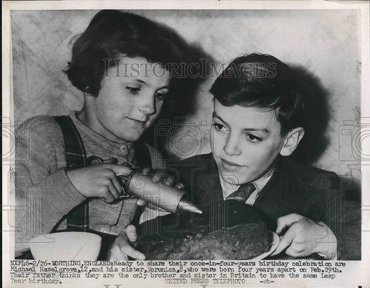 1956 Michael Hazel & sister Veronica on leap day birthdays - Historic Images