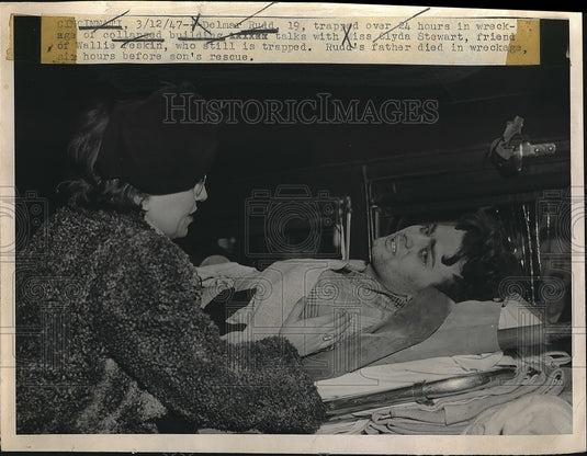 1947 Delmar Rudd and Miss Clyda Stewart after building collapse - Historic Images