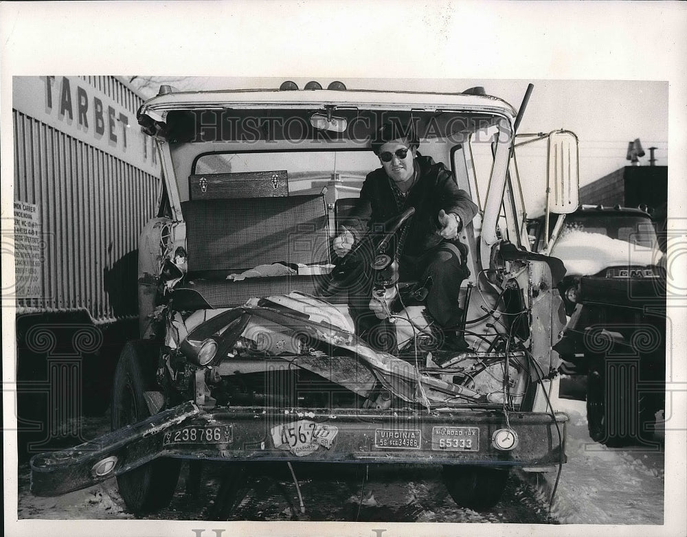 1959 Driver Richard Snyder of Tonawanda NY Truck stalled on train - Historic Images
