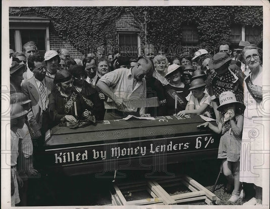 1936 Mock Funeral Services at mr. and Mrs. Charles laue's home - Historic Images